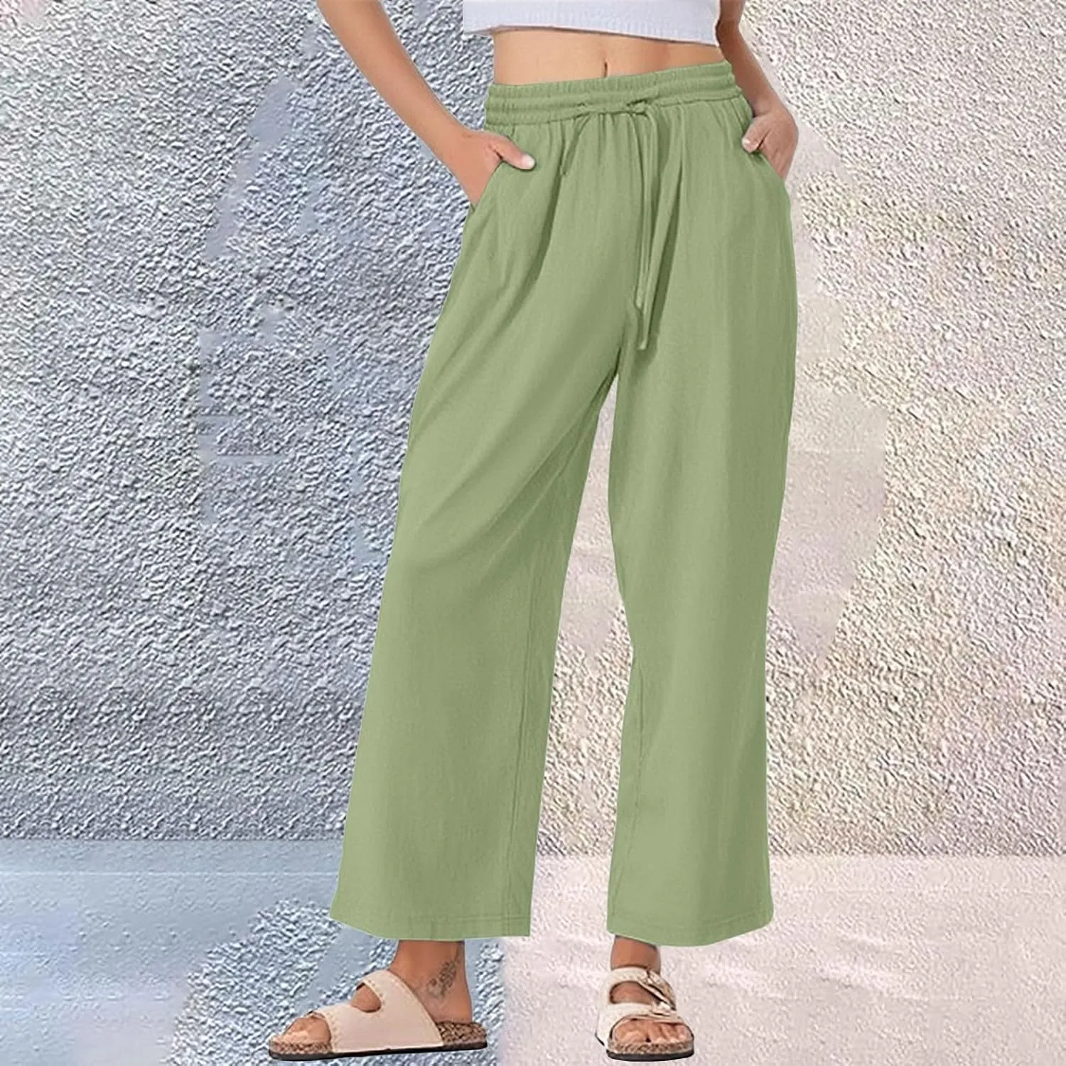 Womens Linen Pants Wide Leg Drawstring Elastic High Waist Loose Pant Lounge Casual Plus Size Summer Beach Trousers
