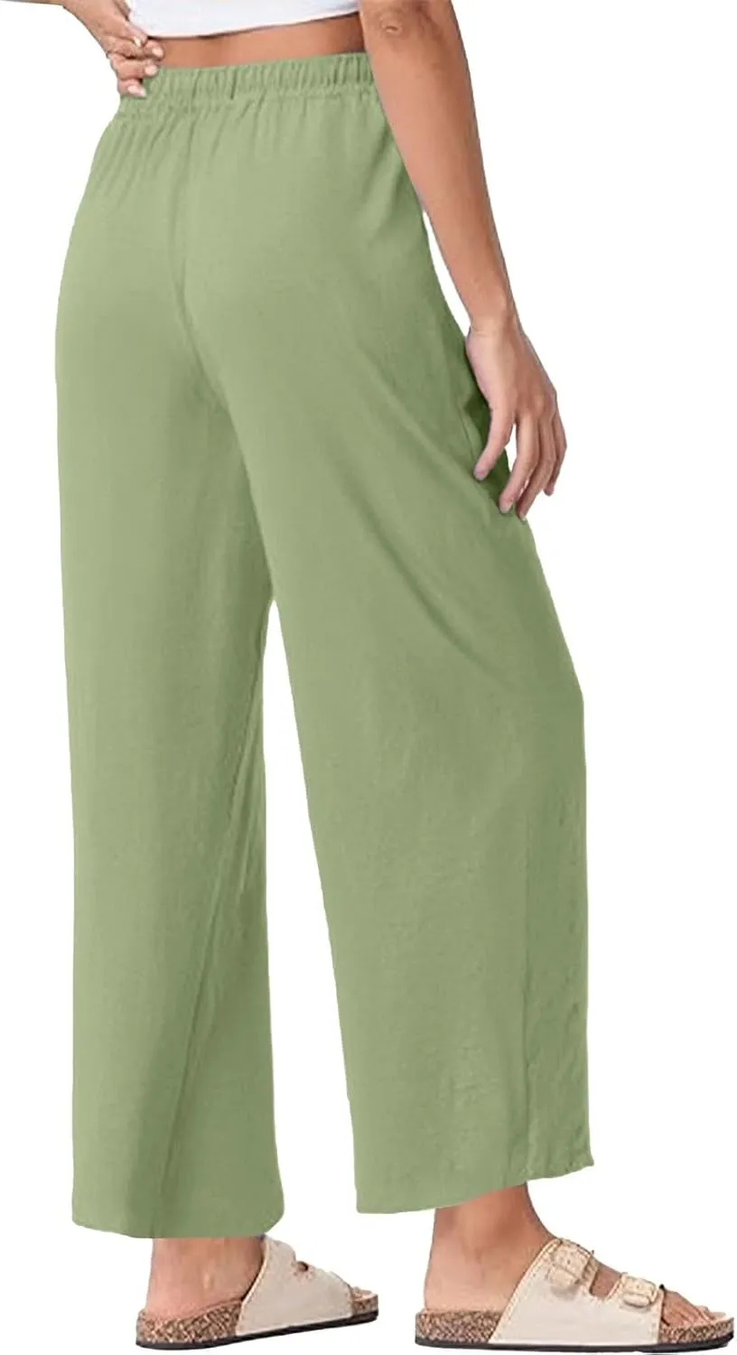 Womens Linen Pants Wide Leg Drawstring Elastic High Waist Loose Pant Lounge Casual Plus Size Summer Beach Trousers