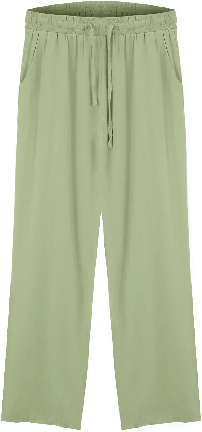 Womens Linen Pants Wide Leg Drawstring Elastic High Waist Loose Pant Lounge Casual Plus Size Summer Beach Trousers