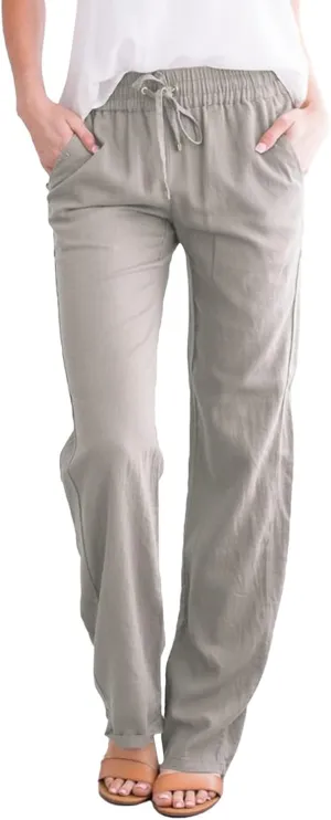 Women's Linen Pants Wide Leg Yoga Pants for Women High Waist Stretch Dress Women's Linen Blend Trousers with Pocket
