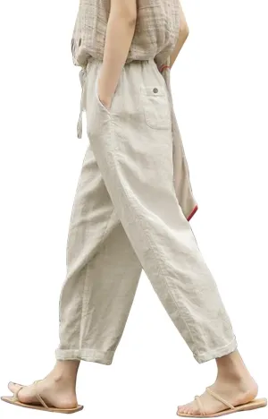 Womens Linen Pants Women High Waist Drawstring Wide Leg Cropped Pants Lightweight Vacation Beach Trousers with Pockets