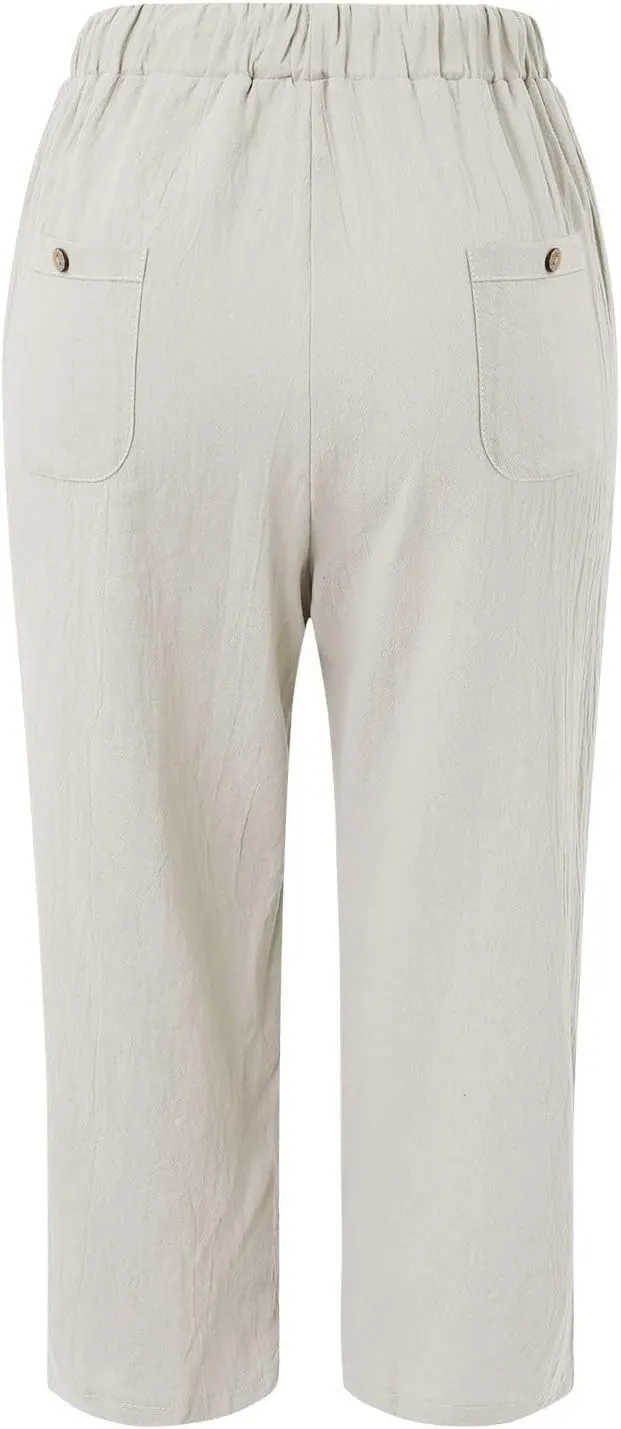 Womens Linen Pants Women High Waist Drawstring Wide Leg Cropped Pants Lightweight Vacation Beach Trousers with Pockets