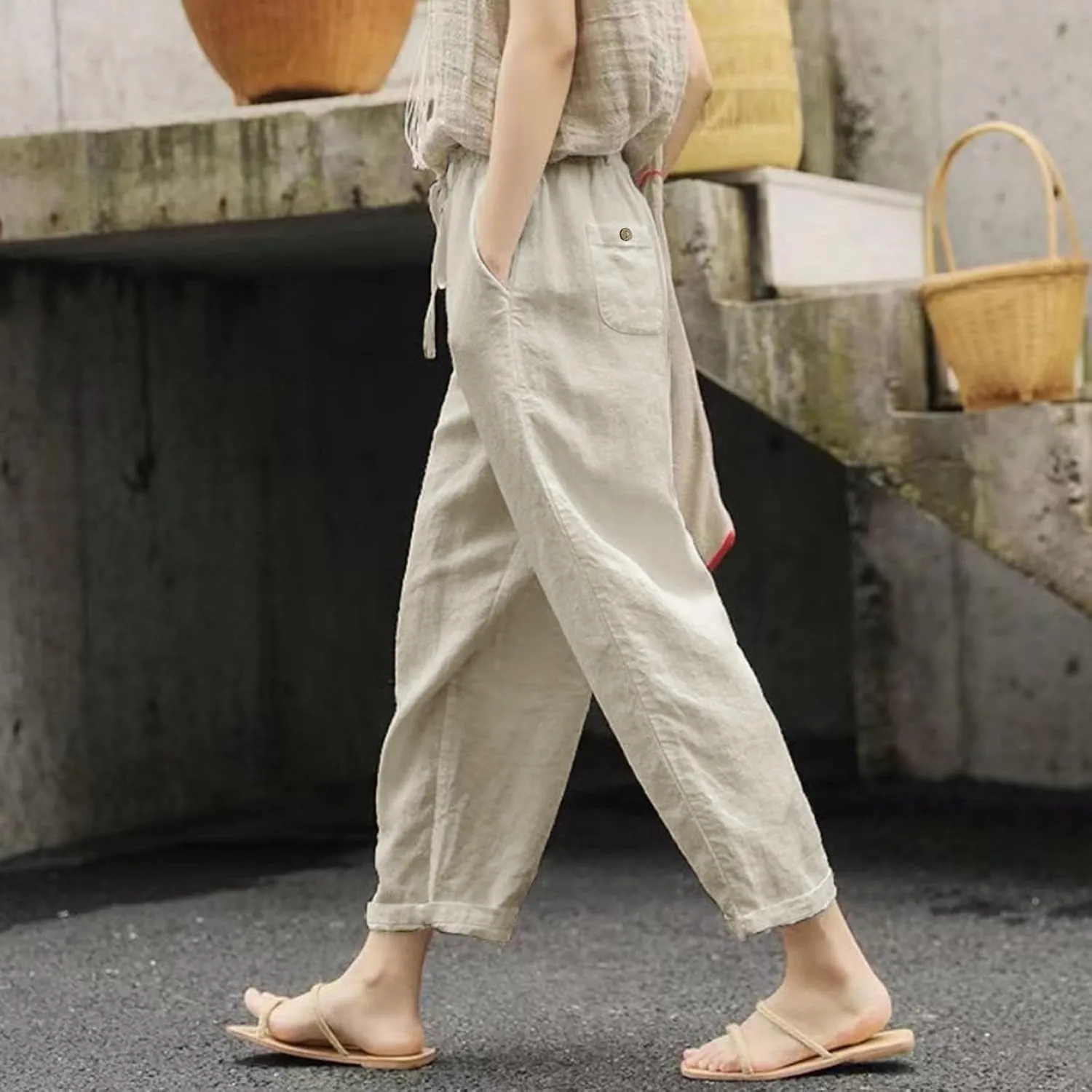 Womens Linen Pants Women High Waist Drawstring Wide Leg Cropped Pants Lightweight Vacation Beach Trousers with Pockets