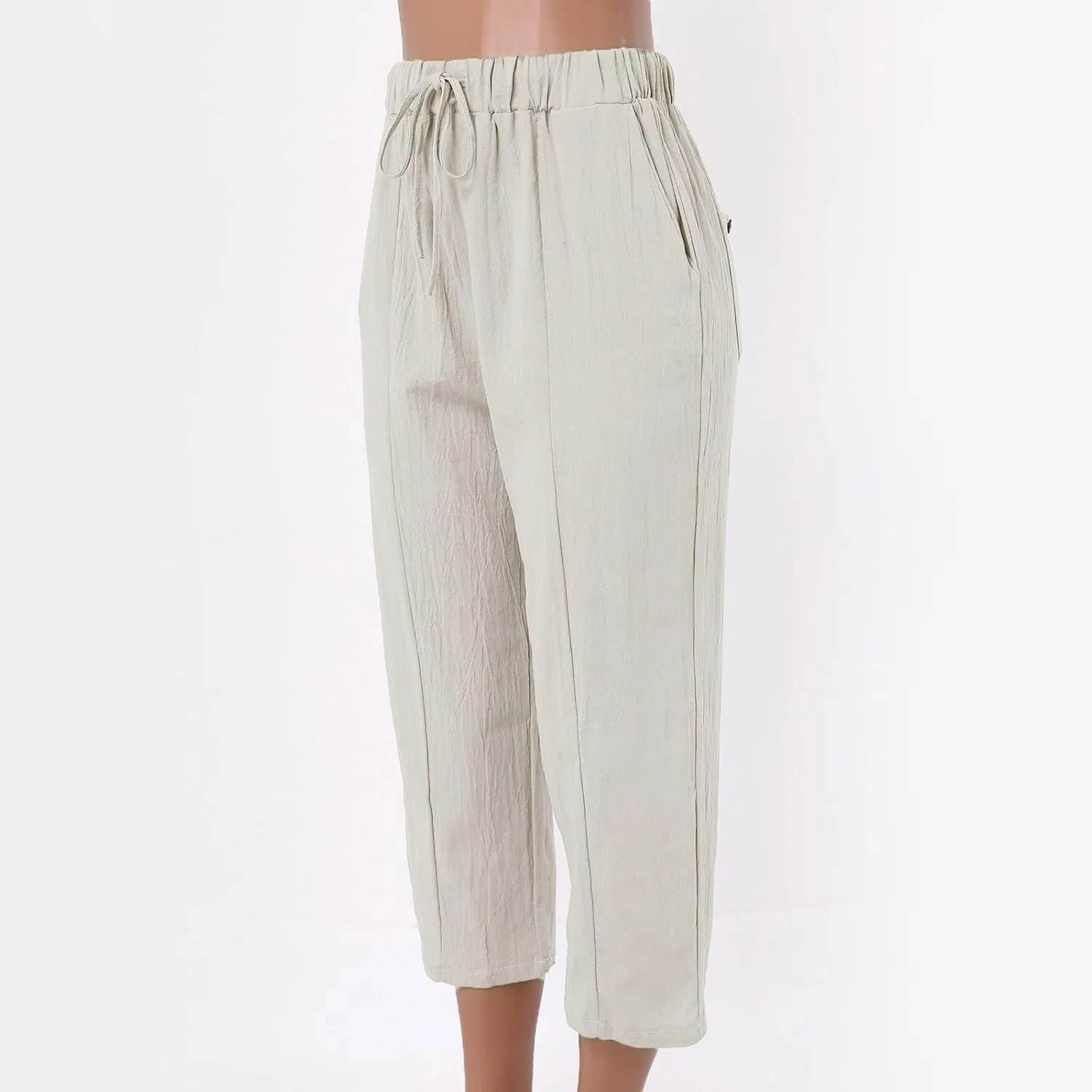 Womens Linen Pants Women High Waist Drawstring Wide Leg Cropped Pants Lightweight Vacation Beach Trousers with Pockets