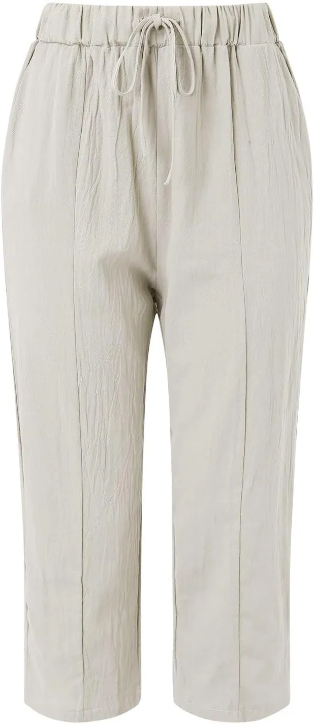 Womens Linen Pants Women High Waist Drawstring Wide Leg Cropped Pants Lightweight Vacation Beach Trousers with Pockets