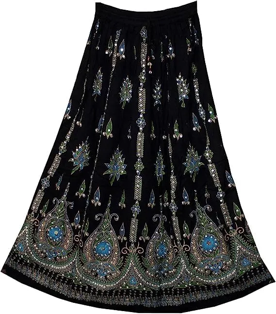 Women's Long Maxi Skirt Bohemian Sequined Crinkle Broomstick Gypsy Long Skirt