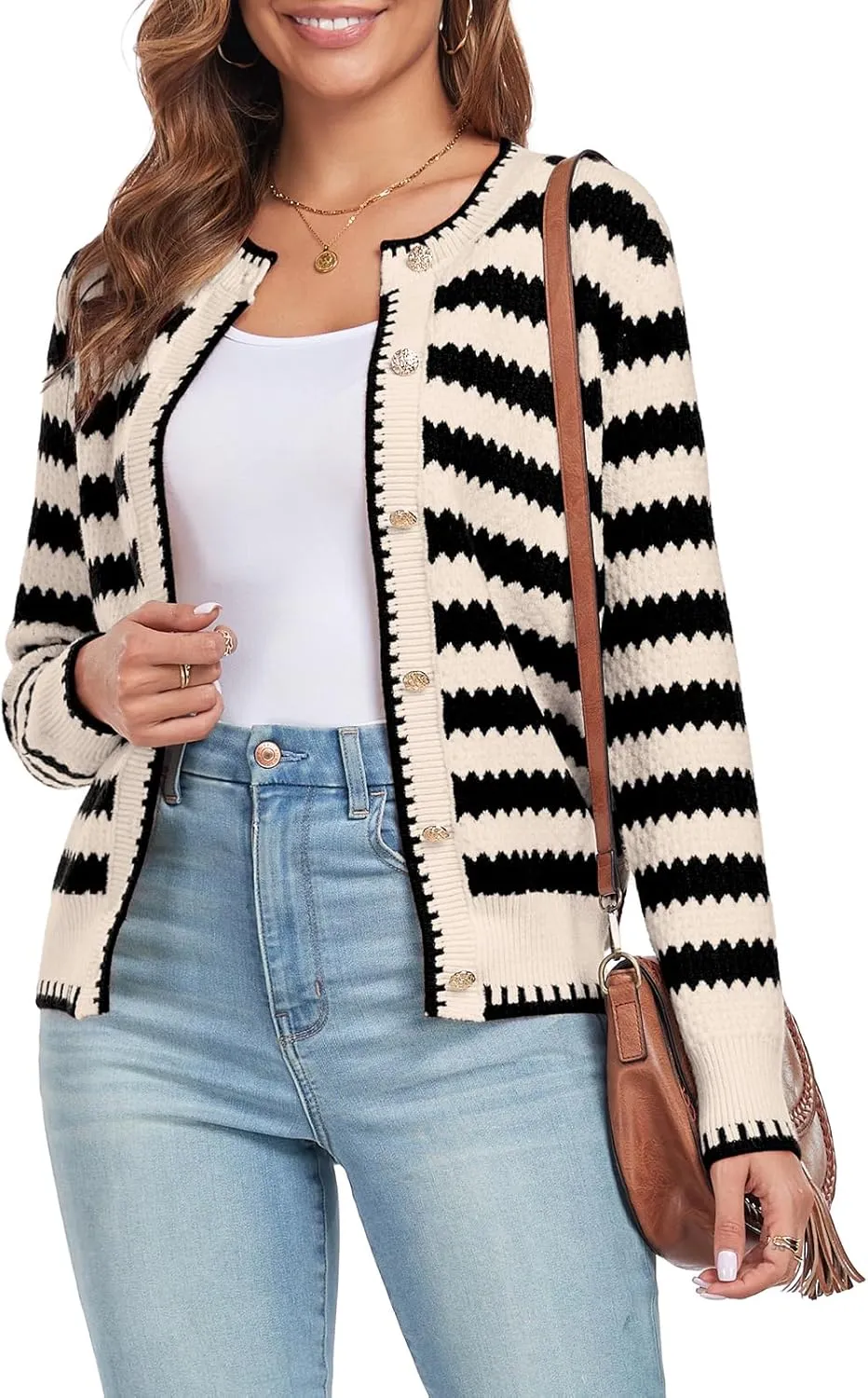 Women's Long Sleeve Button Knit Cardigan Sweater Open Front Crew Neck Striped Cardigan Jacket
