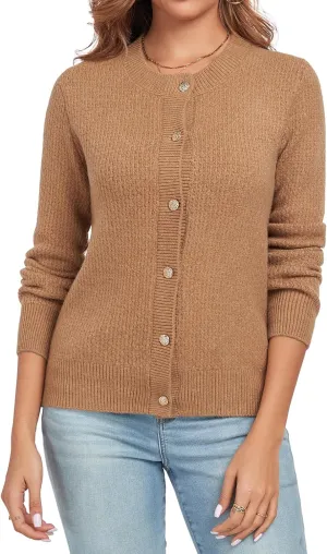 Women's Long Sleeve Button Knit Cardigan Sweater Open Front Crew Neck Striped Cardigan Jacket