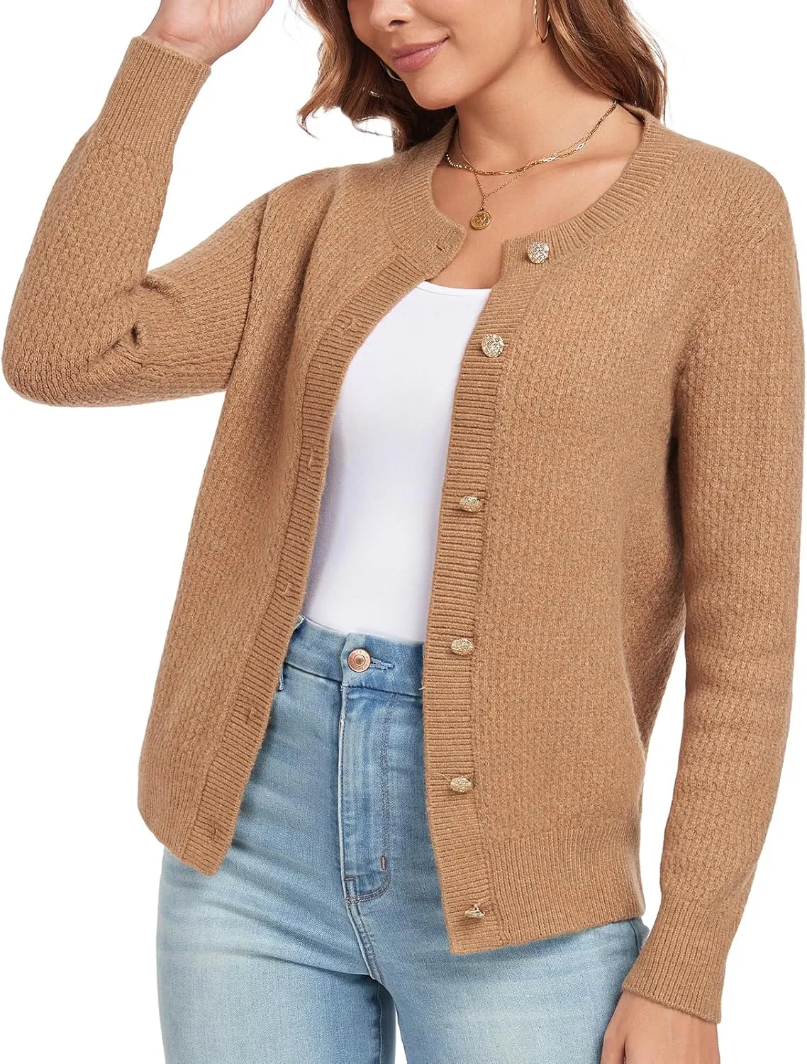 Women's Long Sleeve Button Knit Cardigan Sweater Open Front Crew Neck Striped Cardigan Jacket