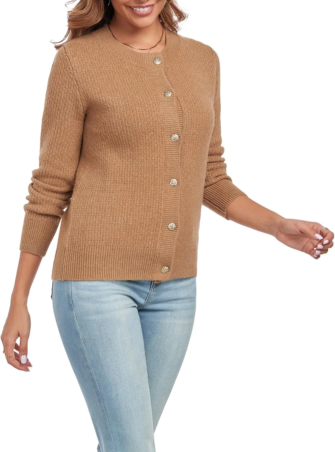 Women's Long Sleeve Button Knit Cardigan Sweater Open Front Crew Neck Striped Cardigan Jacket