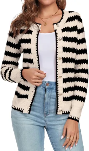 Women's Long Sleeve Button Knit Cardigan Sweater Open Front Crew Neck Striped Cardigan Jacket