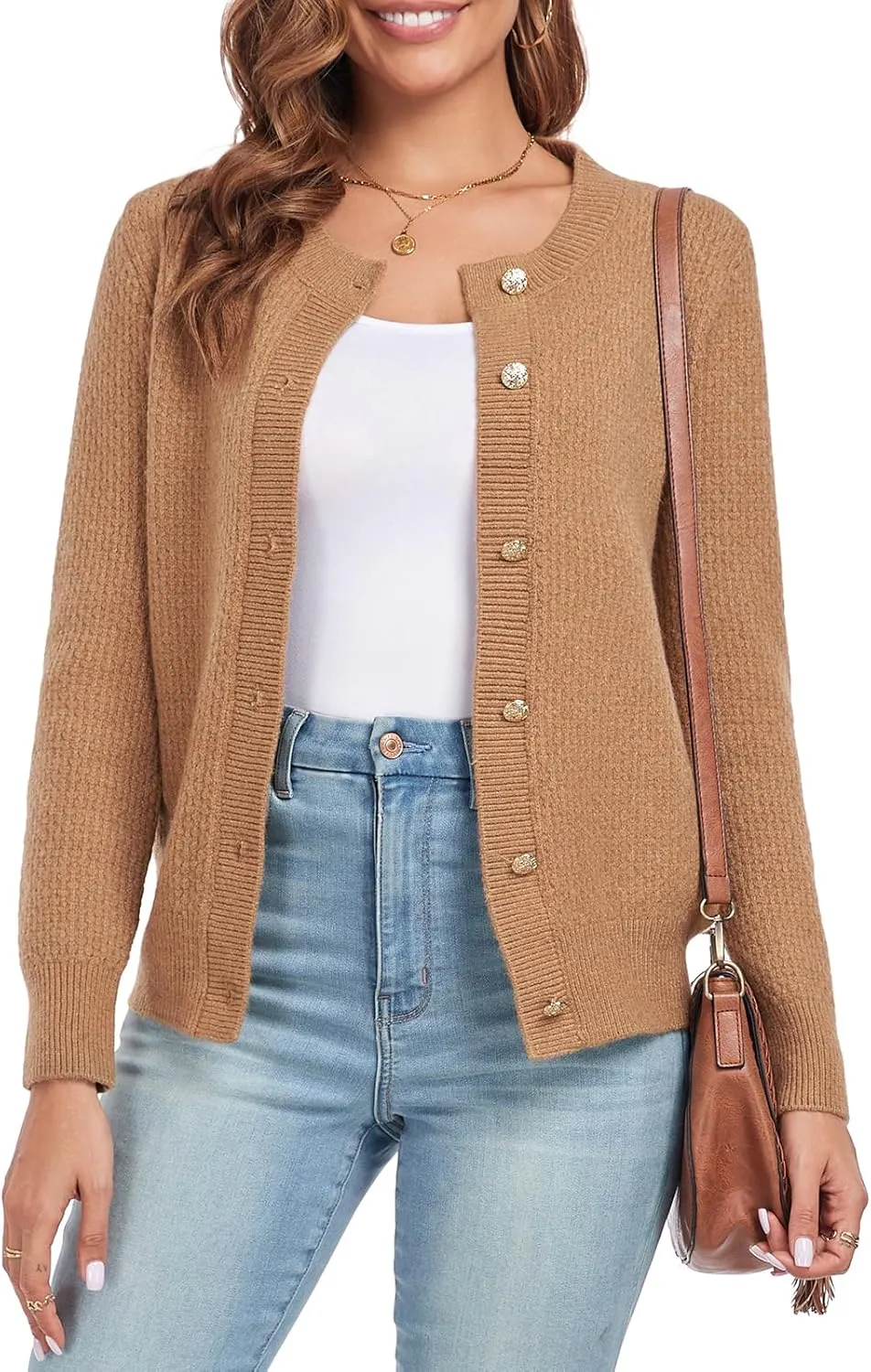 Women's Long Sleeve Button Knit Cardigan Sweater Open Front Crew Neck Striped Cardigan Jacket