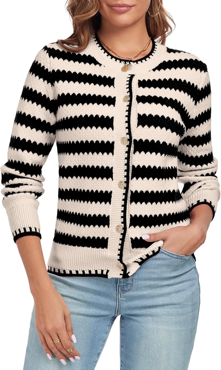 Women's Long Sleeve Button Knit Cardigan Sweater Open Front Crew Neck Striped Cardigan Jacket