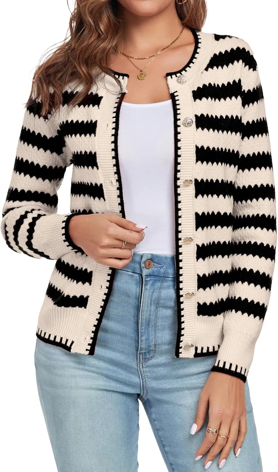 Women's Long Sleeve Button Knit Cardigan Sweater Open Front Crew Neck Striped Cardigan Jacket