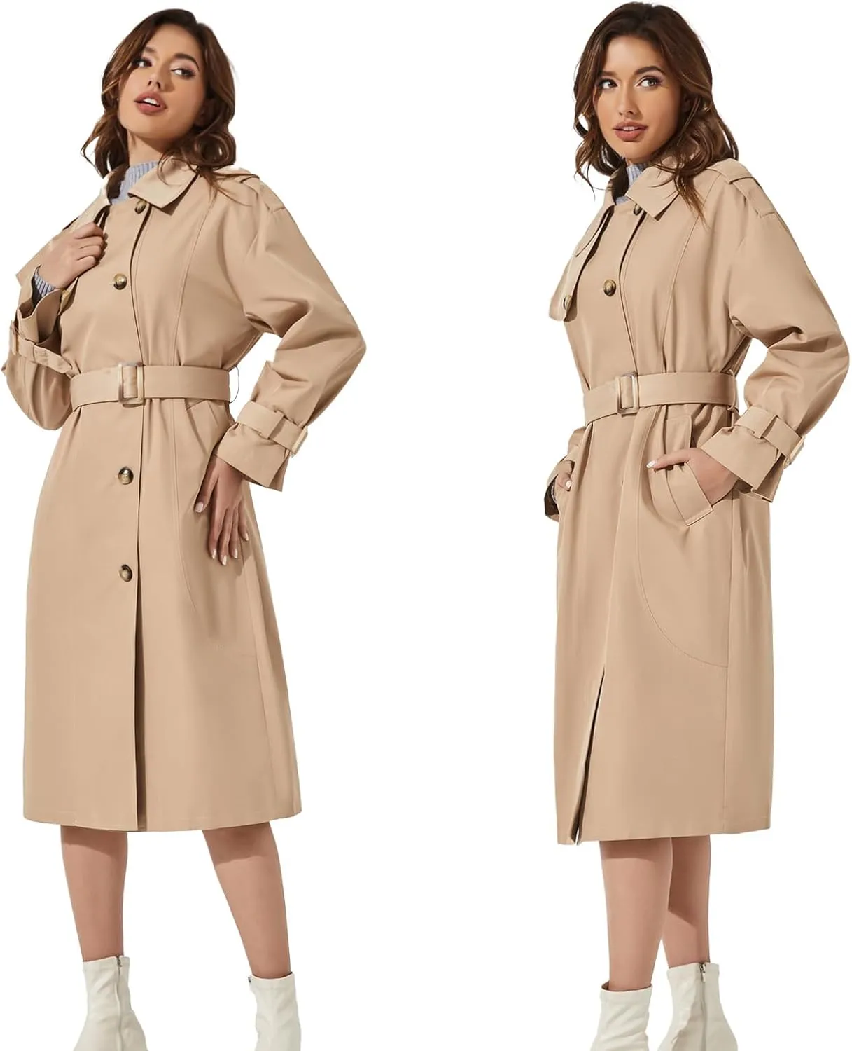 Womens Long Trench Coat Single Breasted Oversized Windproof Classic Lapel Fall Overcoat Epaulets And Belts