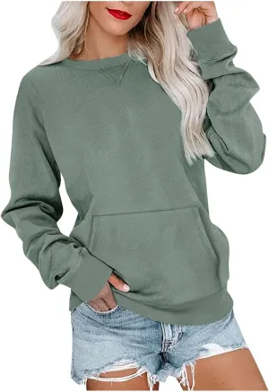Women's No Hood Sweatshirt with Pocket Crewneck Pullover Shirts Casual Cute Fall Tops Solid Loose Fit Active Sweater T Shirt