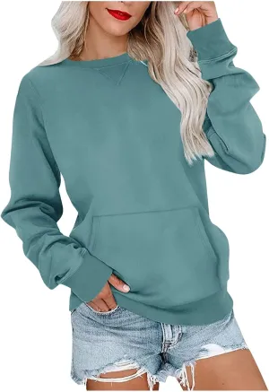 Women's No Hood Sweatshirt with Pocket Crewneck Pullover Shirts Casual Cute Fall Tops Solid Loose Fit Active Sweater T Shirt