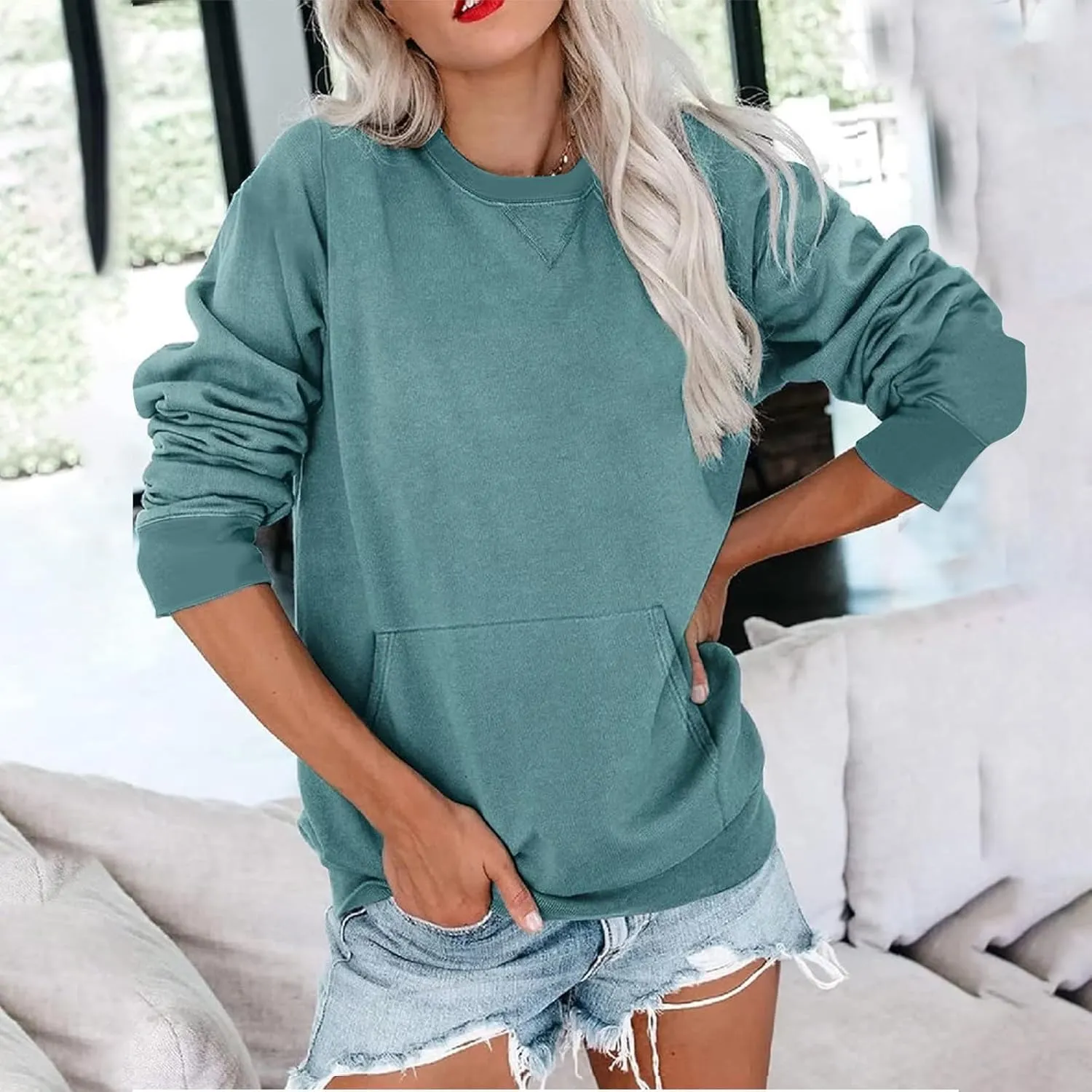 Women's No Hood Sweatshirt with Pocket Crewneck Pullover Shirts Casual Cute Fall Tops Solid Loose Fit Active Sweater T Shirt
