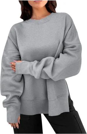 Womens Oversized Hoodies Casual Loose Fall Crewneck Sweatshirts Long Sleeve Trendy Pullover Tops Side Slit