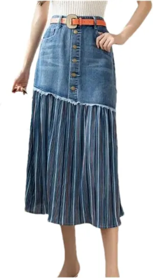 Women's Patchwork Pleated Jeans Skirt Plus Size High-Waisted Denim Skirt