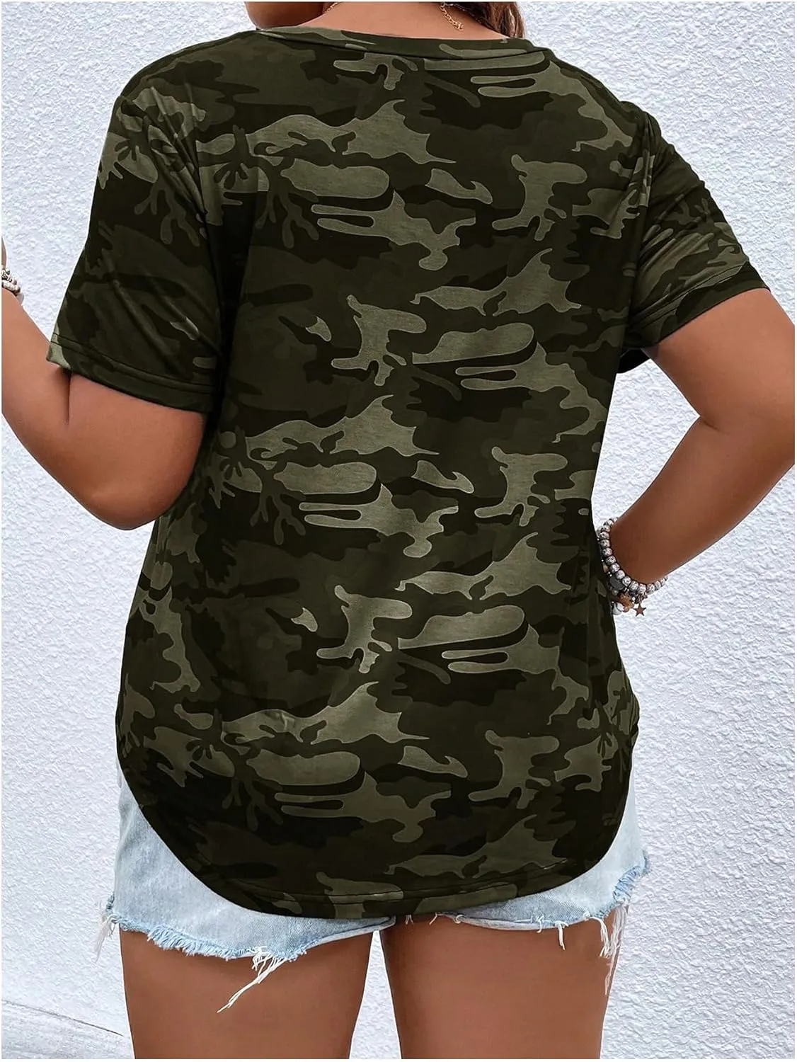 Women's Plus Size Tops Short Sleeve Camo Tee Loose Fit Half Button V Neck Tees Shirts
