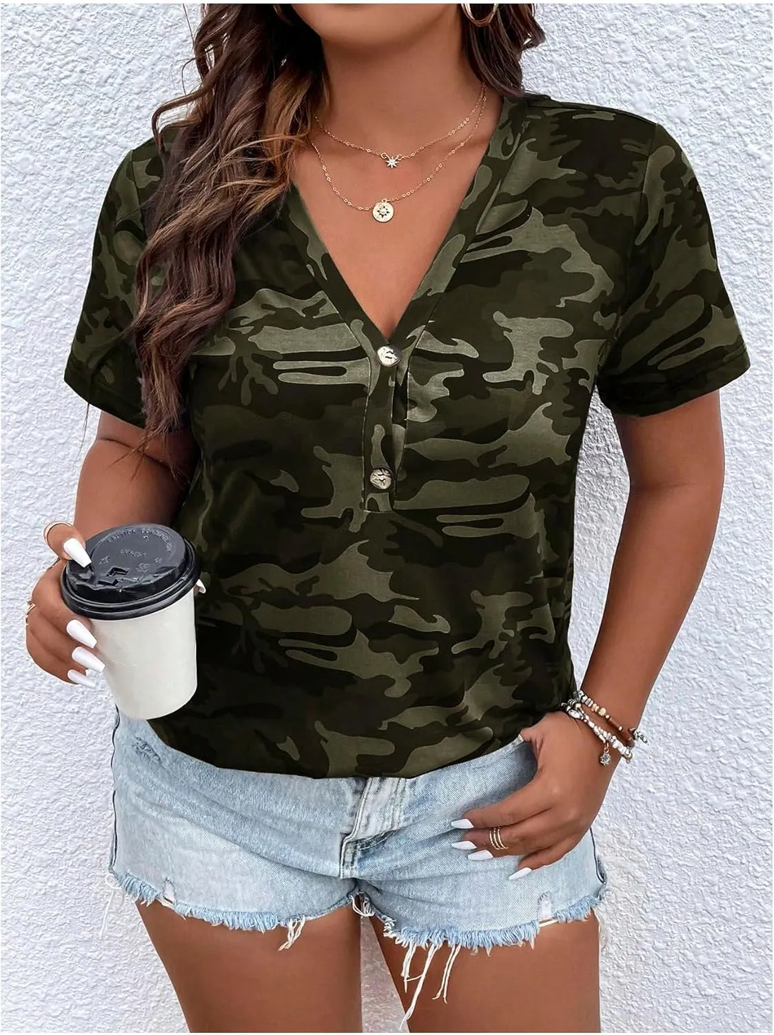 Women's Plus Size Tops Short Sleeve Camo Tee Loose Fit Half Button V Neck Tees Shirts