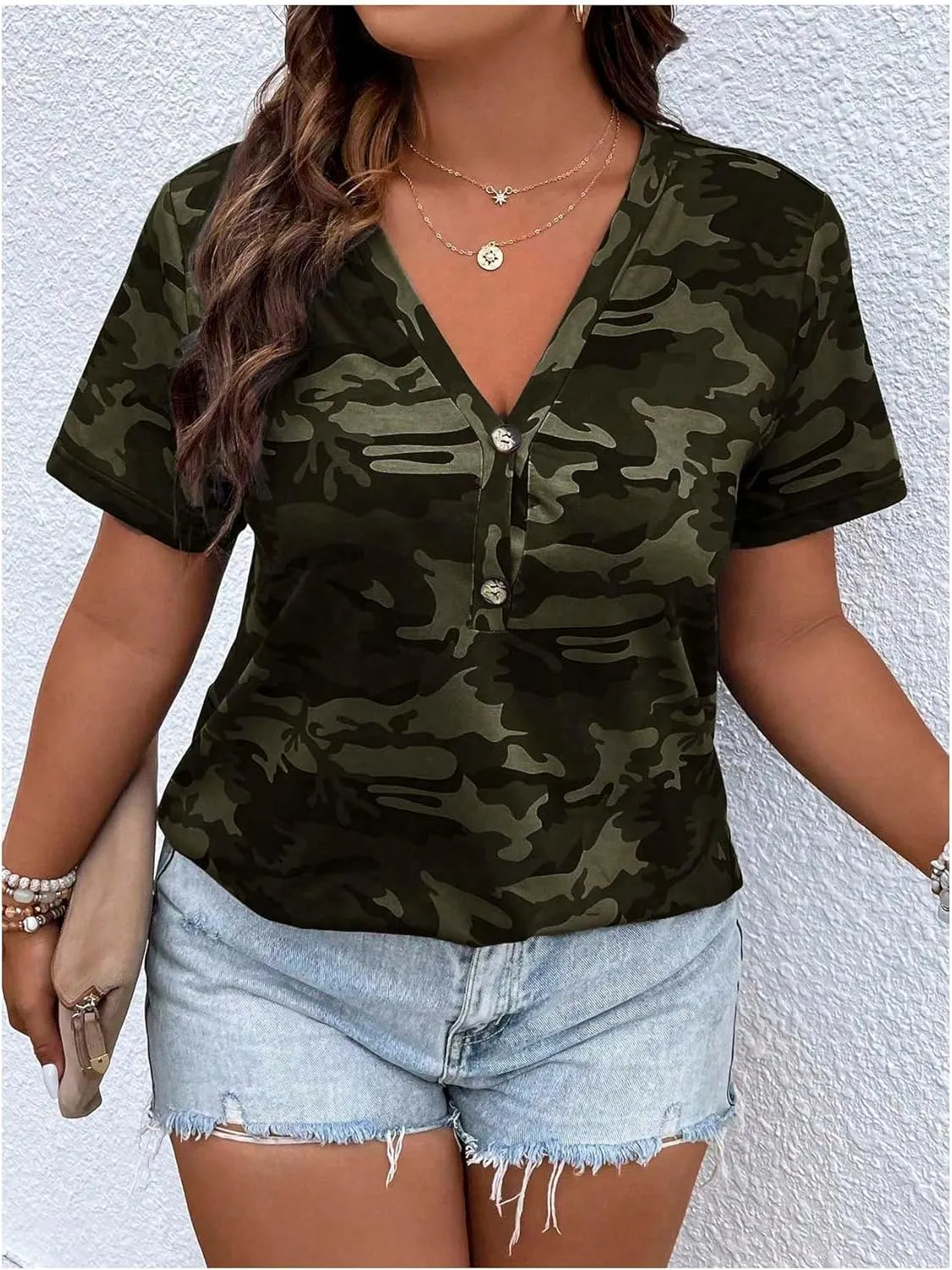 Women's Plus Size Tops Short Sleeve Camo Tee Loose Fit Half Button V Neck Tees Shirts
