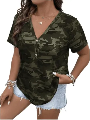 Women's Plus Size Tops Short Sleeve Camo Tee Loose Fit Half Button V Neck Tees Shirts