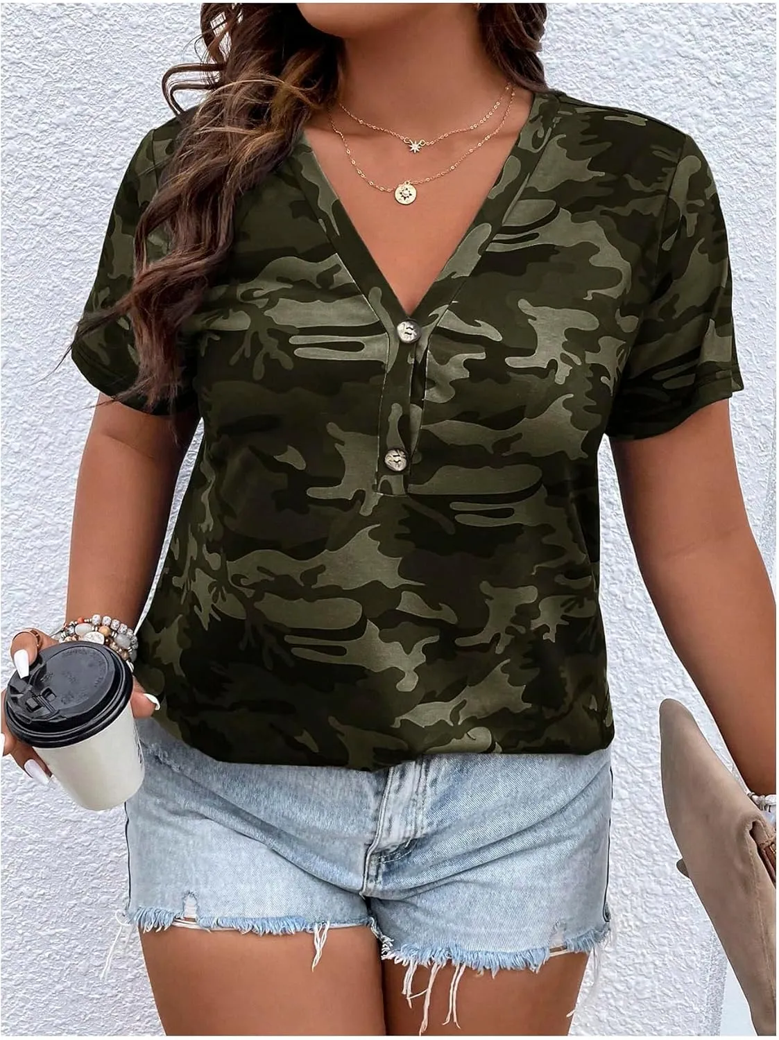 Women's Plus Size Tops Short Sleeve Camo Tee Loose Fit Half Button V Neck Tees Shirts