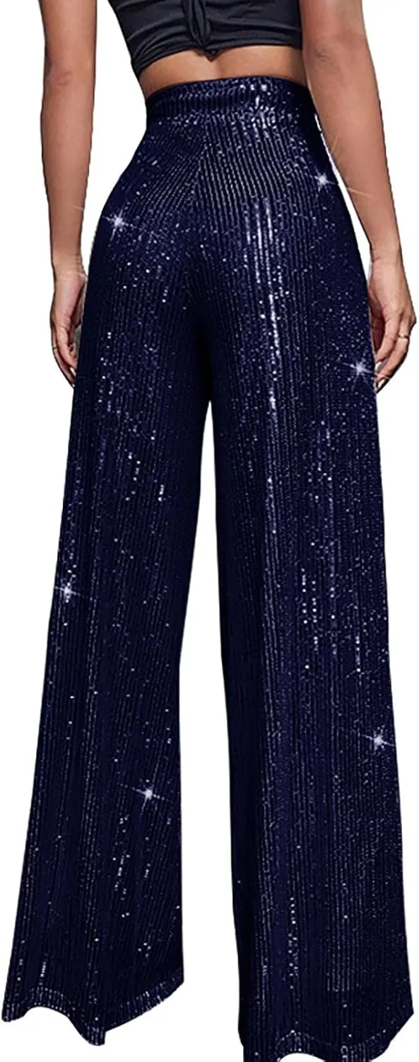 Womens Sequin Flare Pants Women's High Waisted Sequin Loose Drape Wide Leg Pants Fashion Sequence Wide Leg Sequin