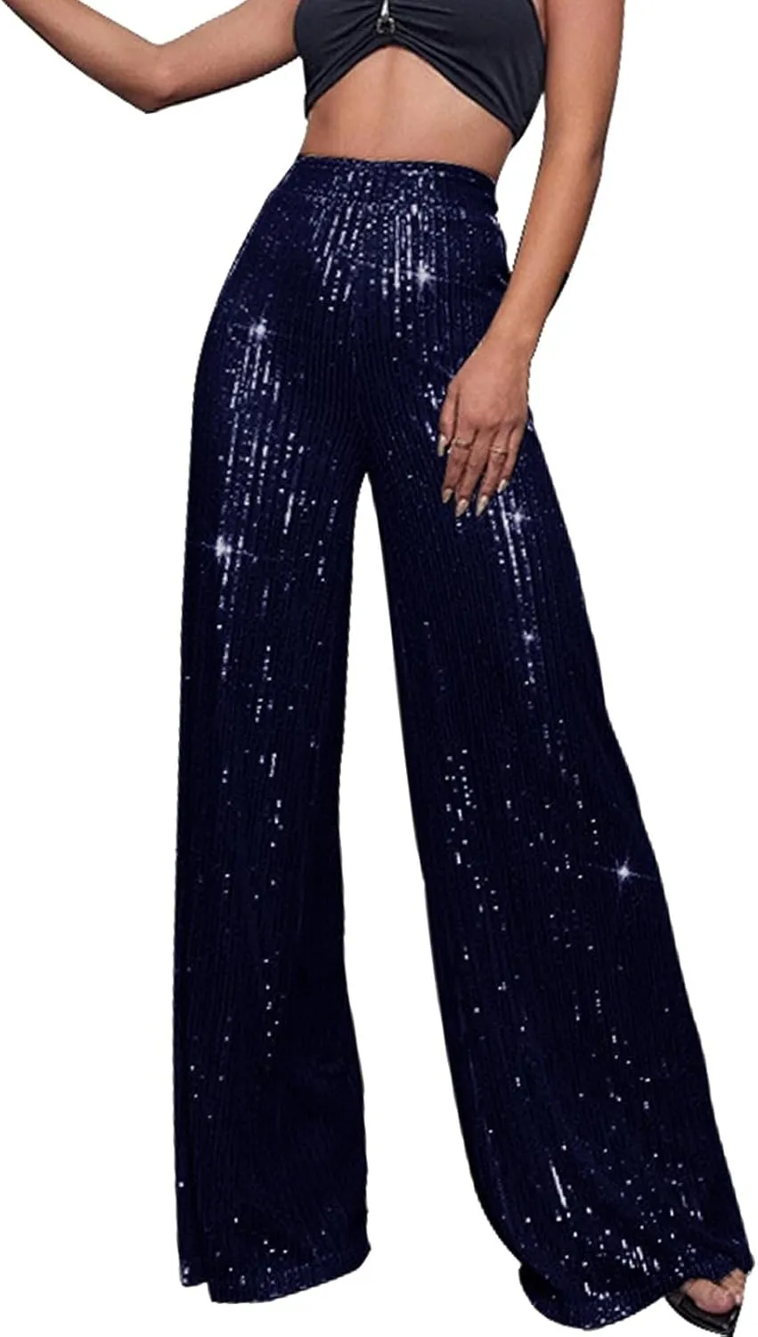 Womens Sequin Flare Pants Women's High Waisted Sequin Loose Drape Wide Leg Pants Fashion Sequence Wide Leg Sequin