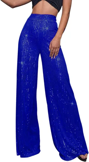 Womens Sequin Flare Pants Women's High Waisted Sequin Loose Drape Wide Leg Pants Fashion Sequence Wide Leg Sequin