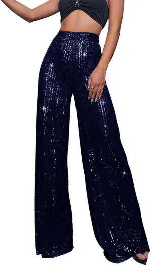 Womens Sequin Flare Pants Women's High Waisted Sequin Loose Drape Wide Leg Pants Fashion Sequence Wide Leg Sequin