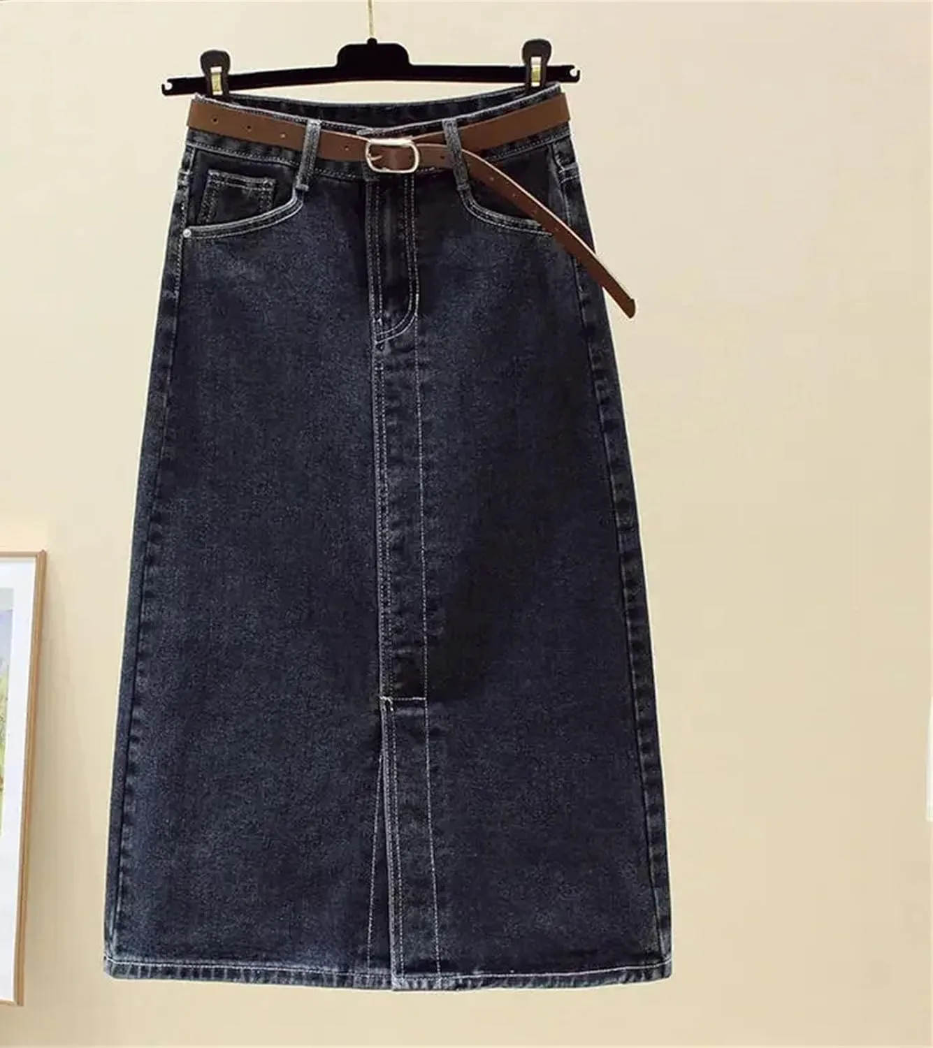 Women's Side Slit High-Waisted A- Line Denim Skirt Slimming Medium-Length Jeans Skirts