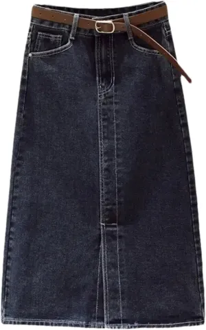Women's Side Slit High-Waisted A- Line Denim Skirt Slimming Medium-Length Jeans Skirts