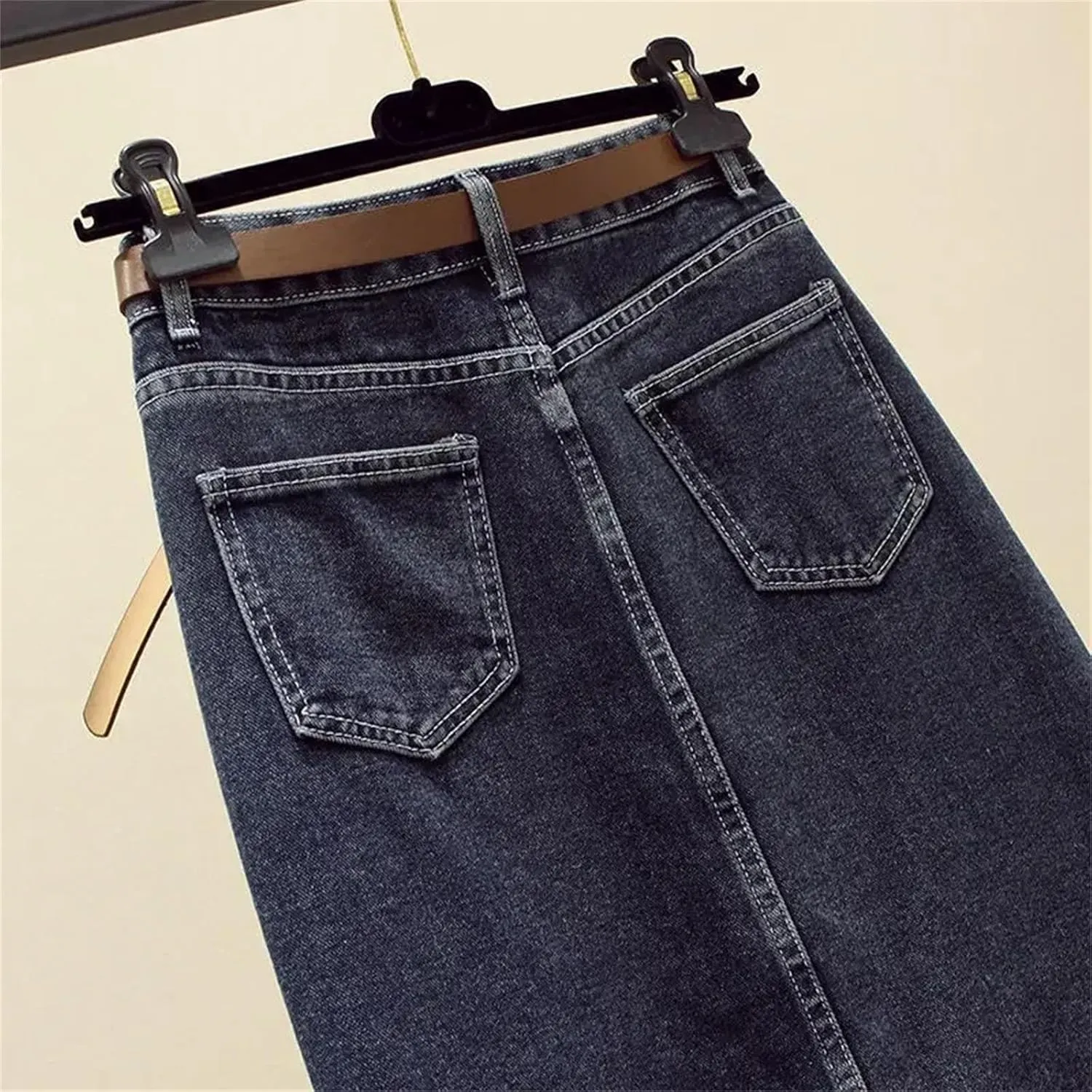 Women's Side Slit High-Waisted A- Line Denim Skirt Slimming Medium-Length Jeans Skirts