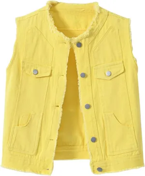 Women's Sleeveless Denim Vest O Neck Button Down Jean Waistcoat Jacket