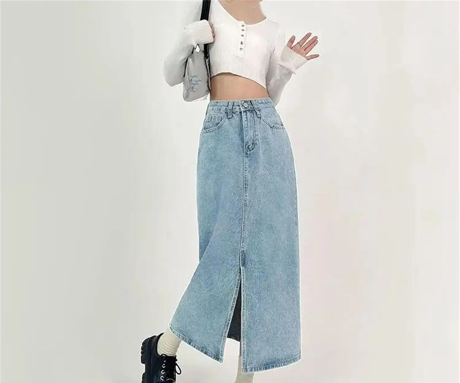 Women's Slit A-Line Denim Skirt Vintage High-Waisted Casual Jeans Skirt