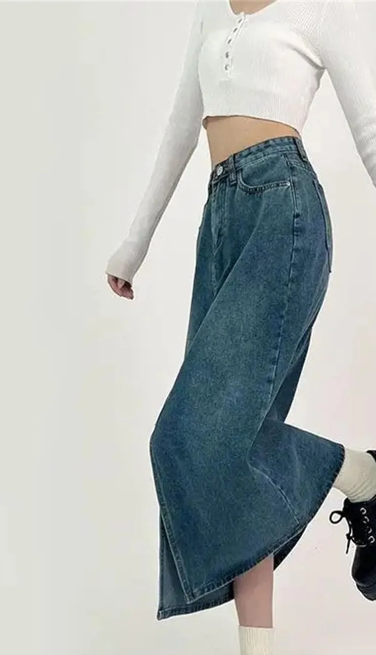 Women's Slit A-Line Denim Skirt Vintage High-Waisted Casual Jeans Skirt