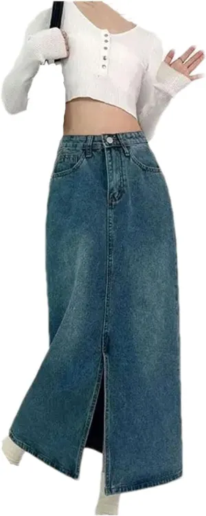 Women's Slit A-Line Denim Skirt Vintage High-Waisted Casual Jeans Skirt