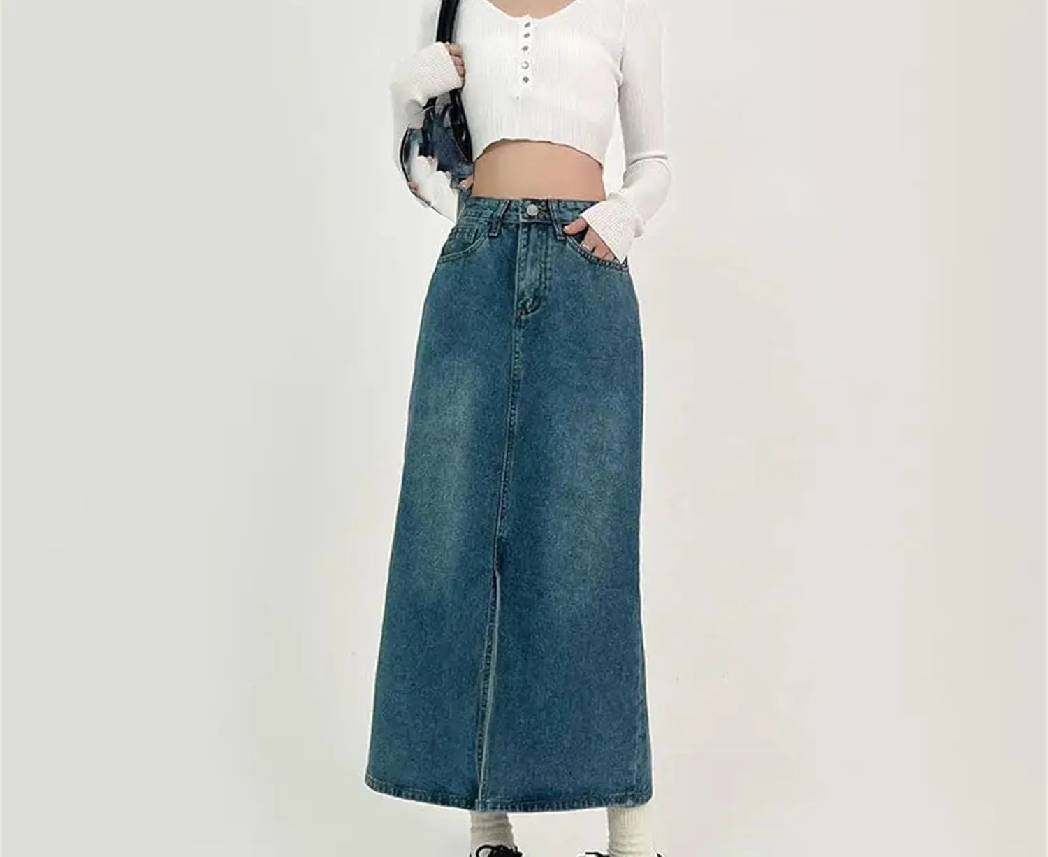 Women's Slit A-Line Denim Skirt Vintage High-Waisted Casual Jeans Skirt