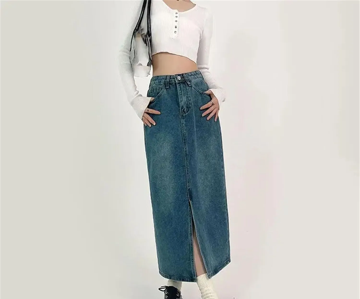 Women's Slit A-Line Denim Skirt Vintage High-Waisted Casual Jeans Skirt