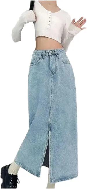 Women's Slit A-Line Denim Skirt Vintage High-Waisted Casual Jeans Skirt