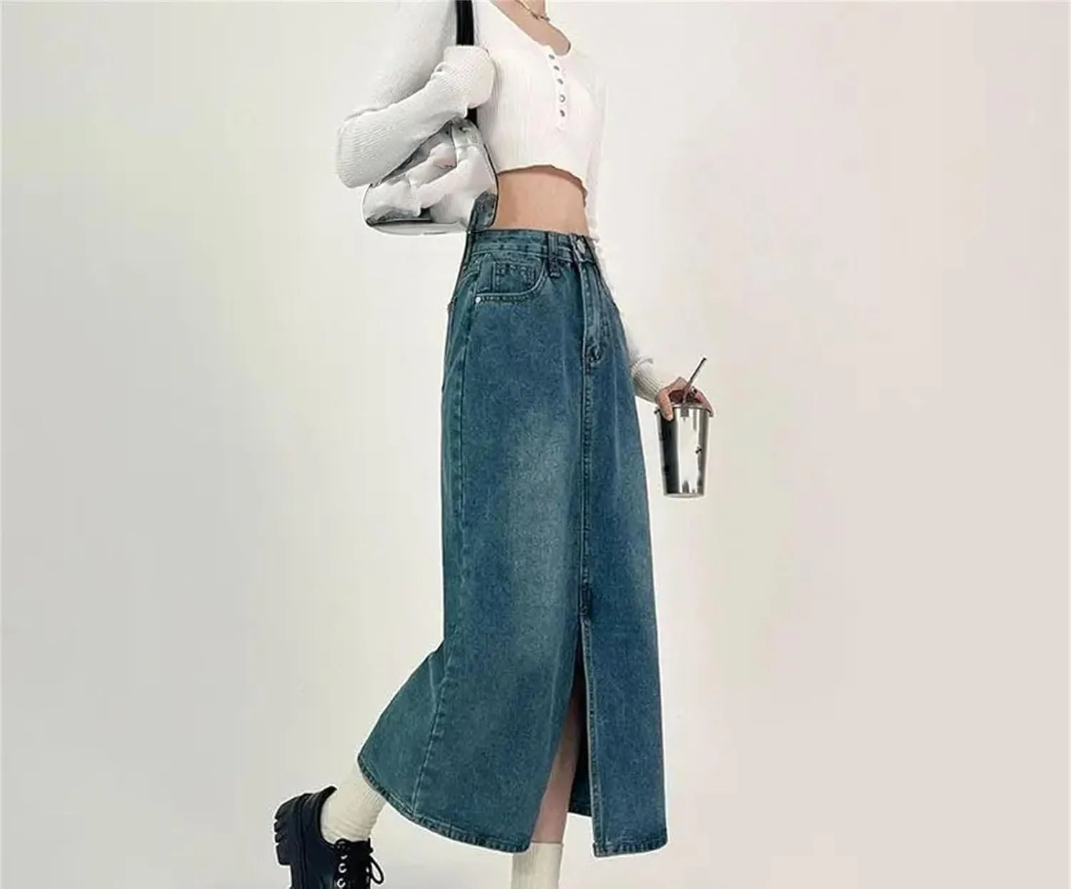 Women's Slit A-Line Denim Skirt Vintage High-Waisted Casual Jeans Skirt