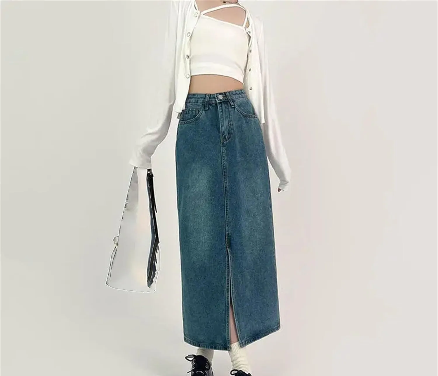 Women's Slit A-Line Denim Skirt Vintage High-Waisted Casual Jeans Skirt
