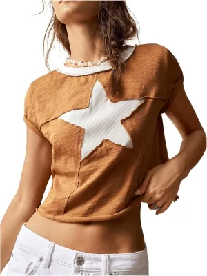 Women's Star Graphic Color Block Crop Top Crew Neck Short Sleeve T Shirt Vintage Distressed Tees