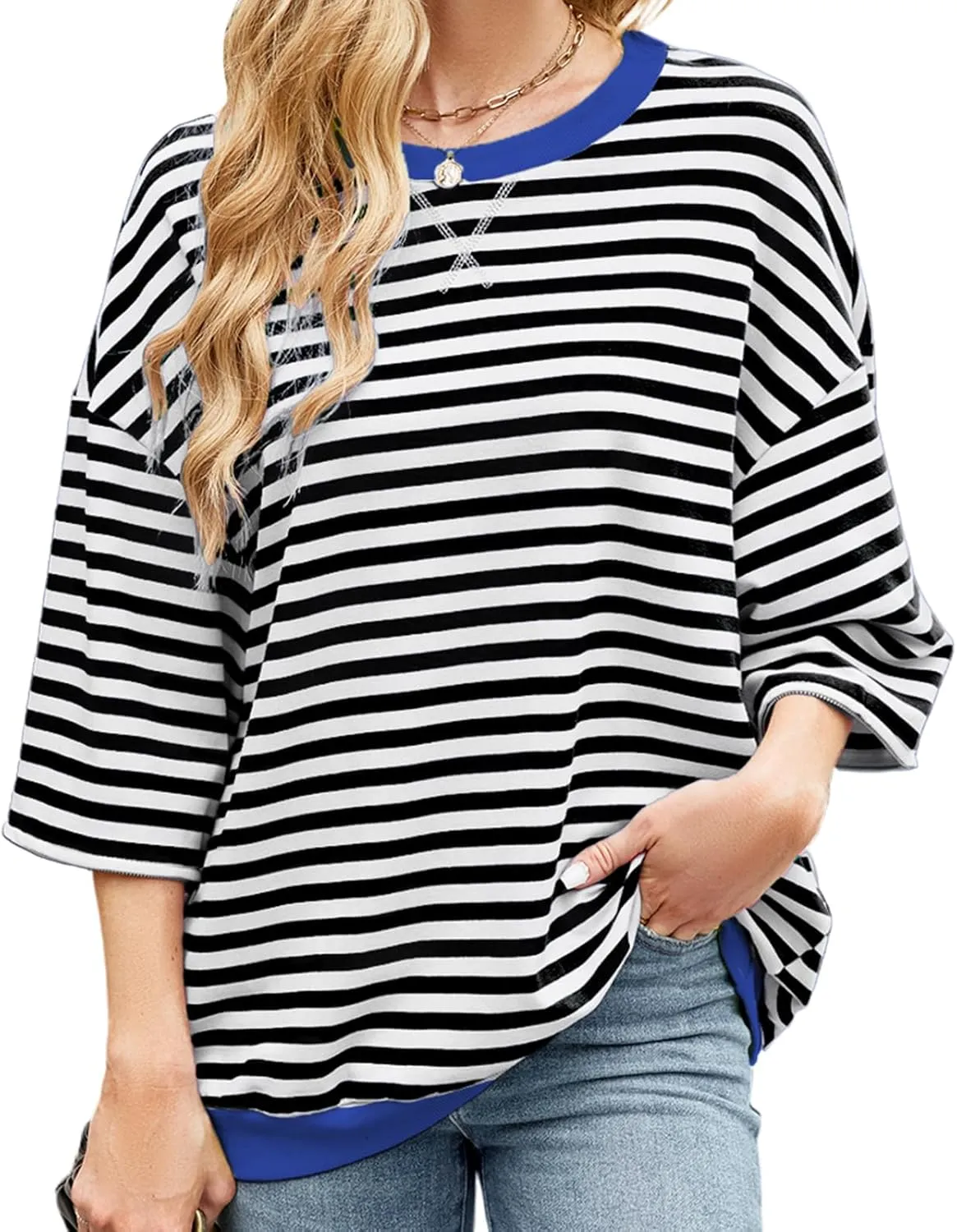 Womens Striped Oversized Sweatshirt Color Block Long Sleeve Crew Neck Sweatshirt Convertible Short Sleeve Pullover Y2K