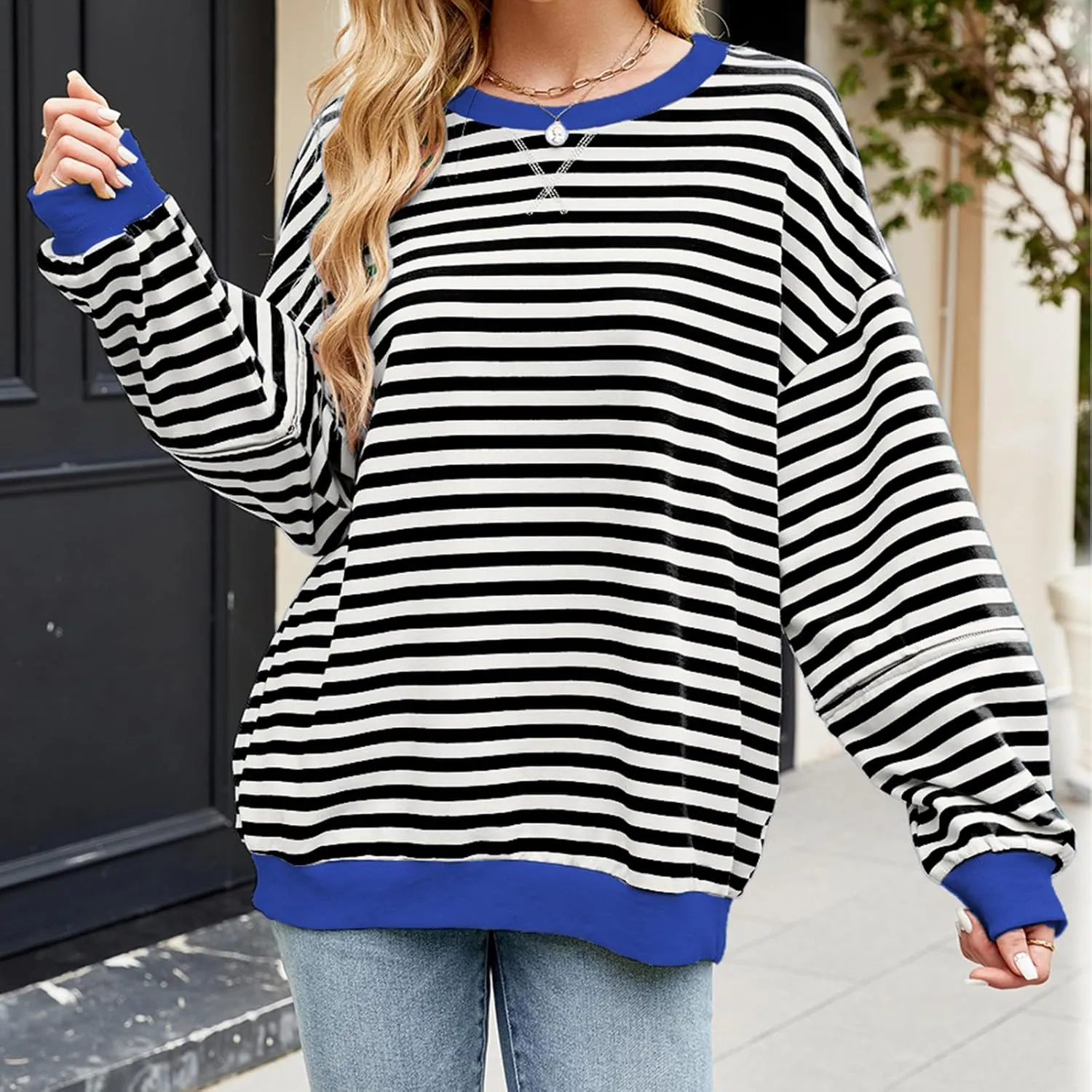 Womens Striped Oversized Sweatshirt Color Block Long Sleeve Crew Neck Sweatshirt Convertible Short Sleeve Pullover Y2K
