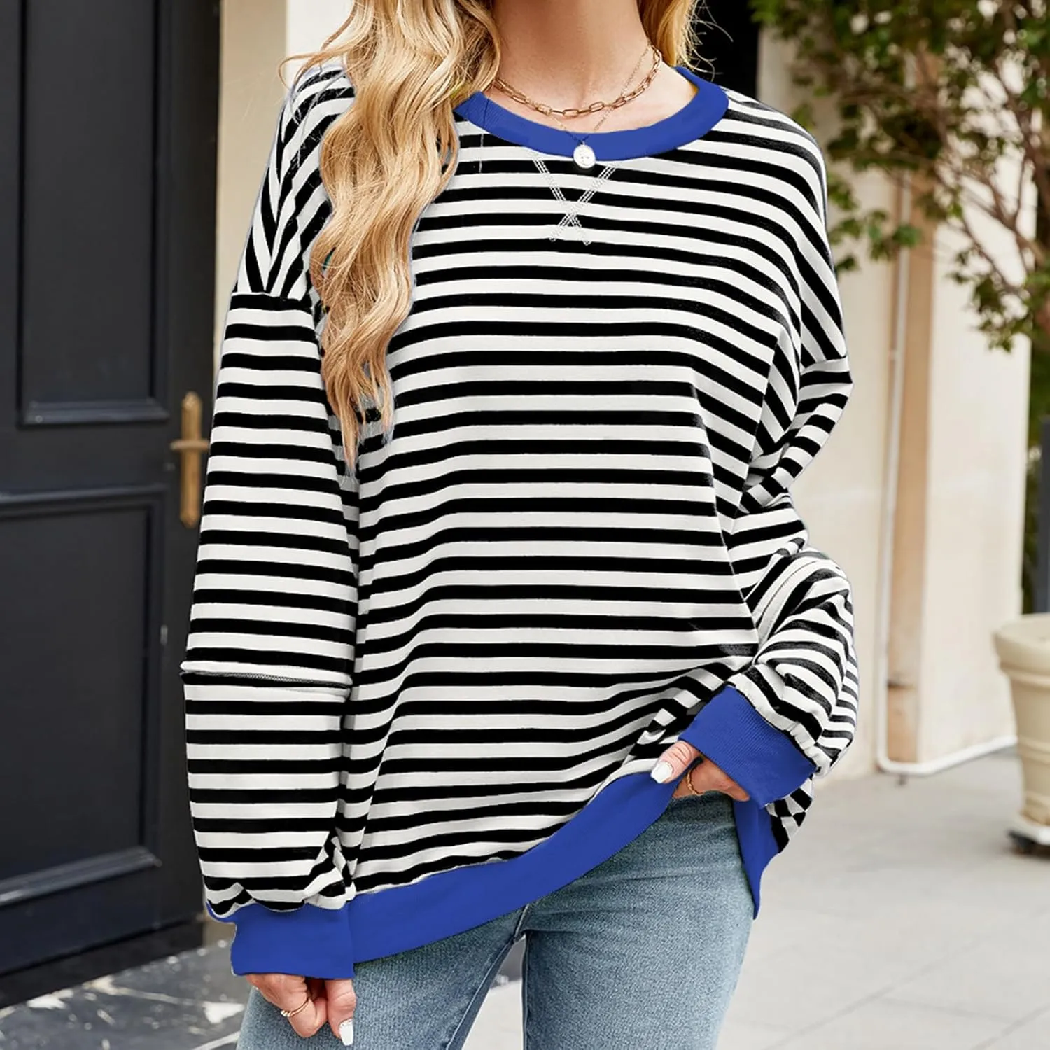 Womens Striped Oversized Sweatshirt Color Block Long Sleeve Crew Neck Sweatshirt Convertible Short Sleeve Pullover Y2K