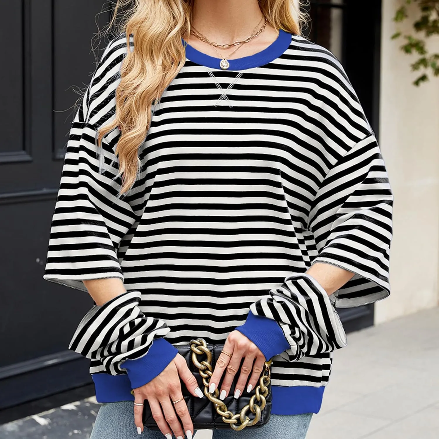 Womens Striped Oversized Sweatshirt Color Block Long Sleeve Crew Neck Sweatshirt Convertible Short Sleeve Pullover Y2K